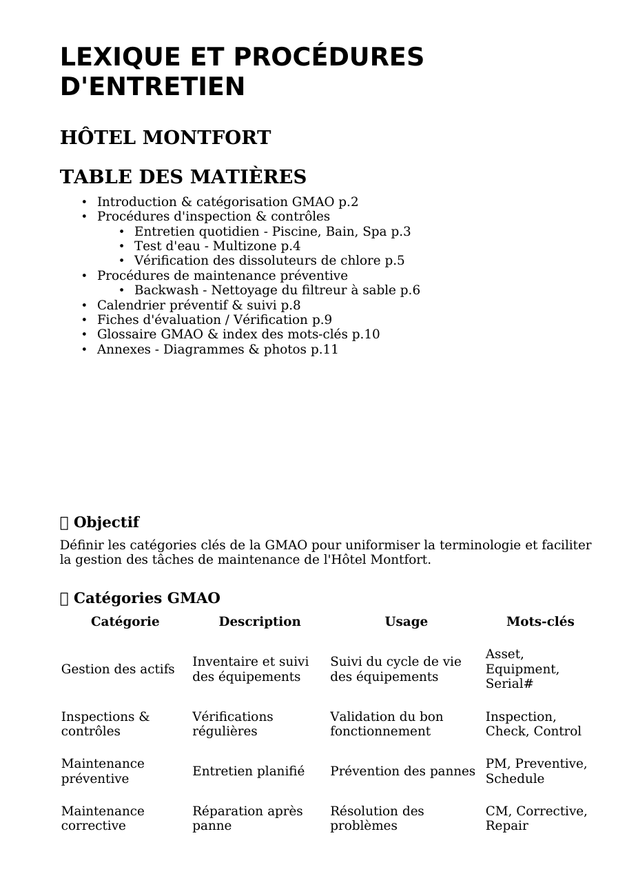 Aperçu de l’index d’un manuel de procédures d’entretien.