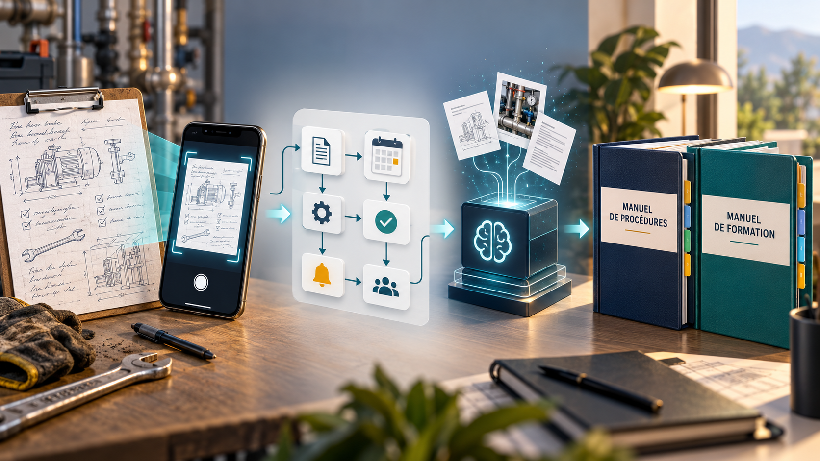 Notes de terrain intégrées à un workflow automatisé qui produit des manuels de procédures et de formation.